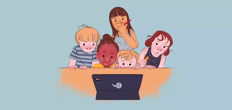 Illustrasjon av barn foran en pc-skjerm.