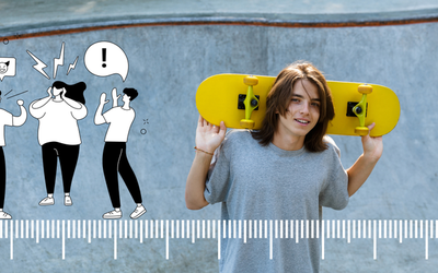Ung gutt med gult skateboard på ryggen. Grafisk illustrasjon av tillitsskalaen på bildet.