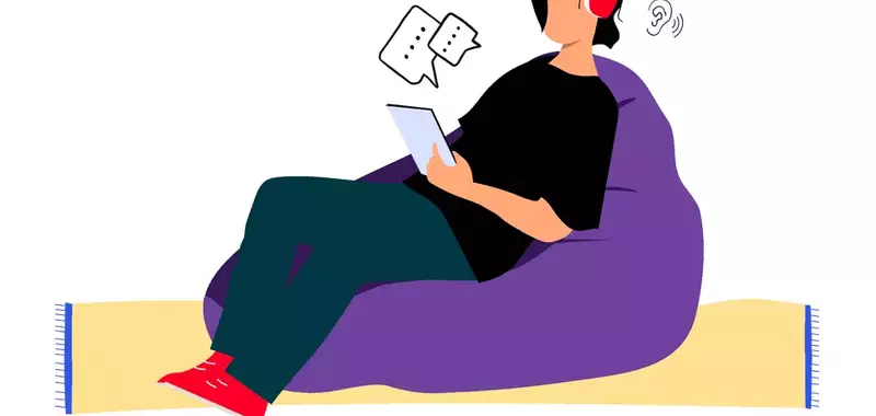 Illustrasjon av en person som leser, og sitter i en sakkosekk